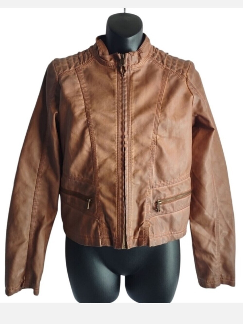 Therapy Women's Brown faux Leather  Jacket ZIP Up Pockets Lined Sz M